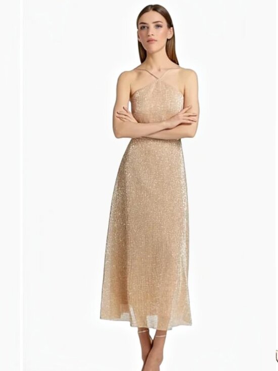 Halston Heritage Dresses & Skirts - Gold Sequin Halter Midi Dress Size 12 Formal Wedding Guest Evening Gown